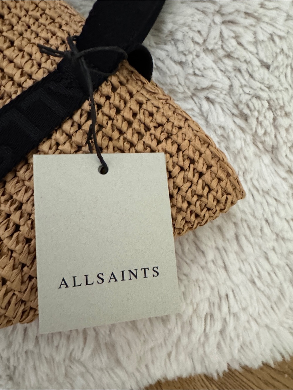 NWT All Saints Natural Straw Celayne Mini Tote with Black Ribbon Straps - Picture 3 of 7